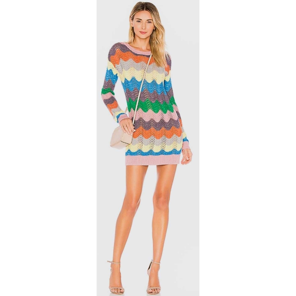 Lovers + Friends You Rock Sweater Knit Dress Rainbow Chevron Metallic Stripes